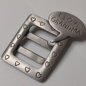 Vintage JJ I Love Grandma Silver Tone Picture Frame Brooch With Hearts